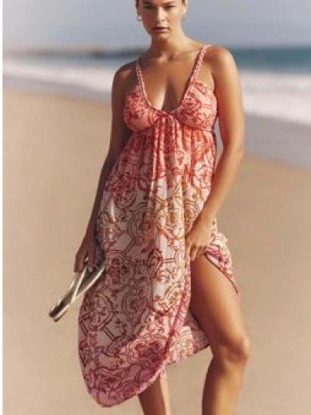 Anthropologie Pink and Cream Printed Maxi Beach Dress
